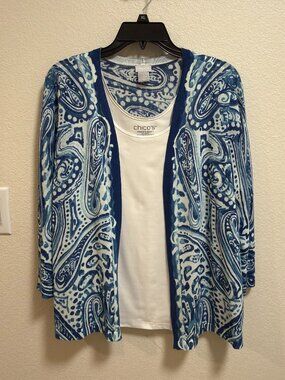 Chico's Lightweight Summer Cardigan - Aqua Blue & White Paisley - Size 1 Medium
